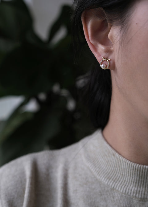 金色珍珠小鑽紐結耳環