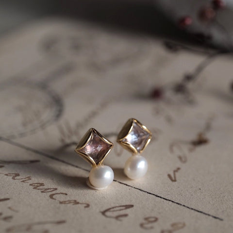 菱形天然小珍珠耳環